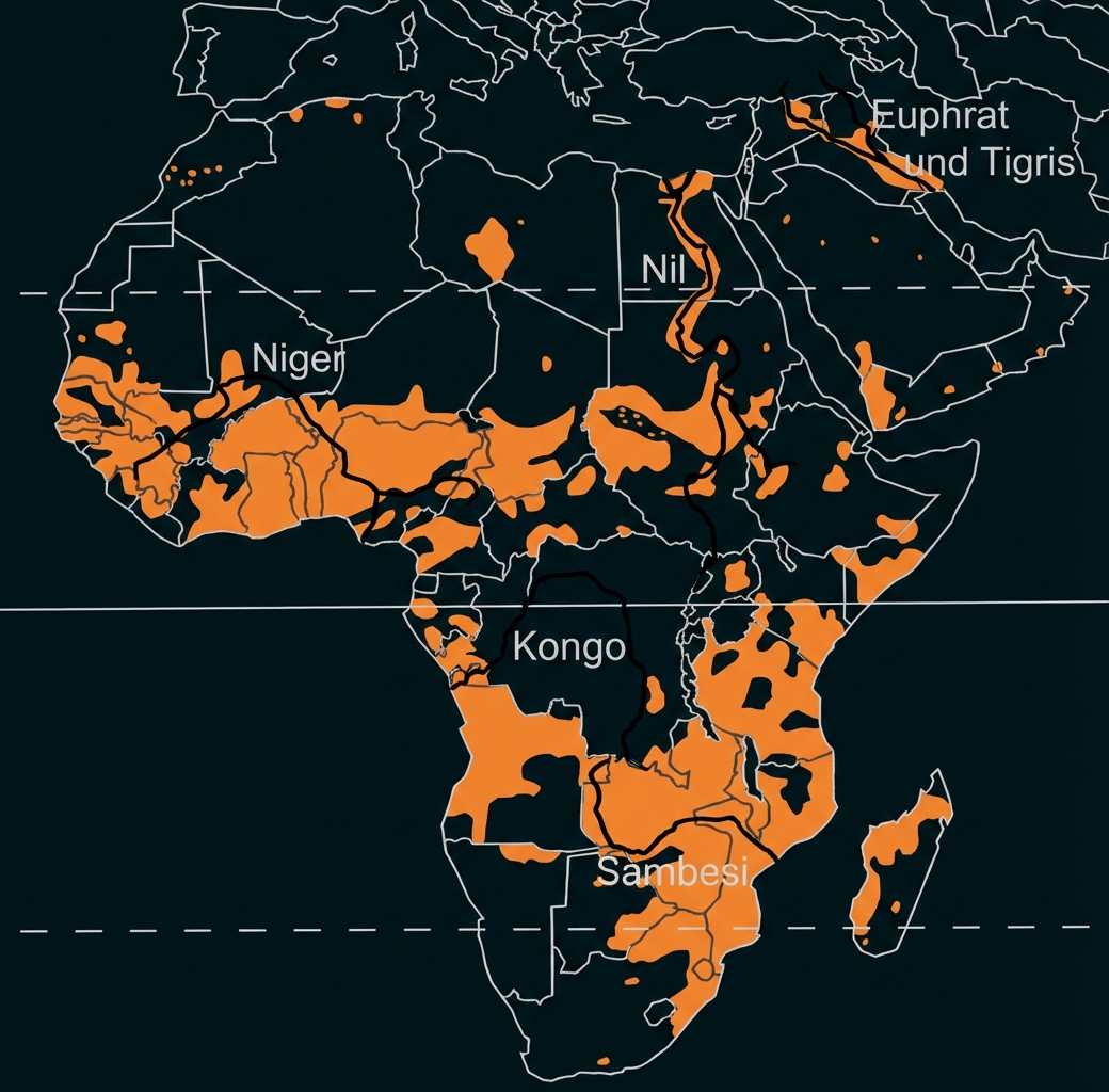 Karte von Afrika mit orange markierten Flussgebieten und Beschriftungen (Nil, Niger, Kongo, Sambesi, Euphrat/Tigris)